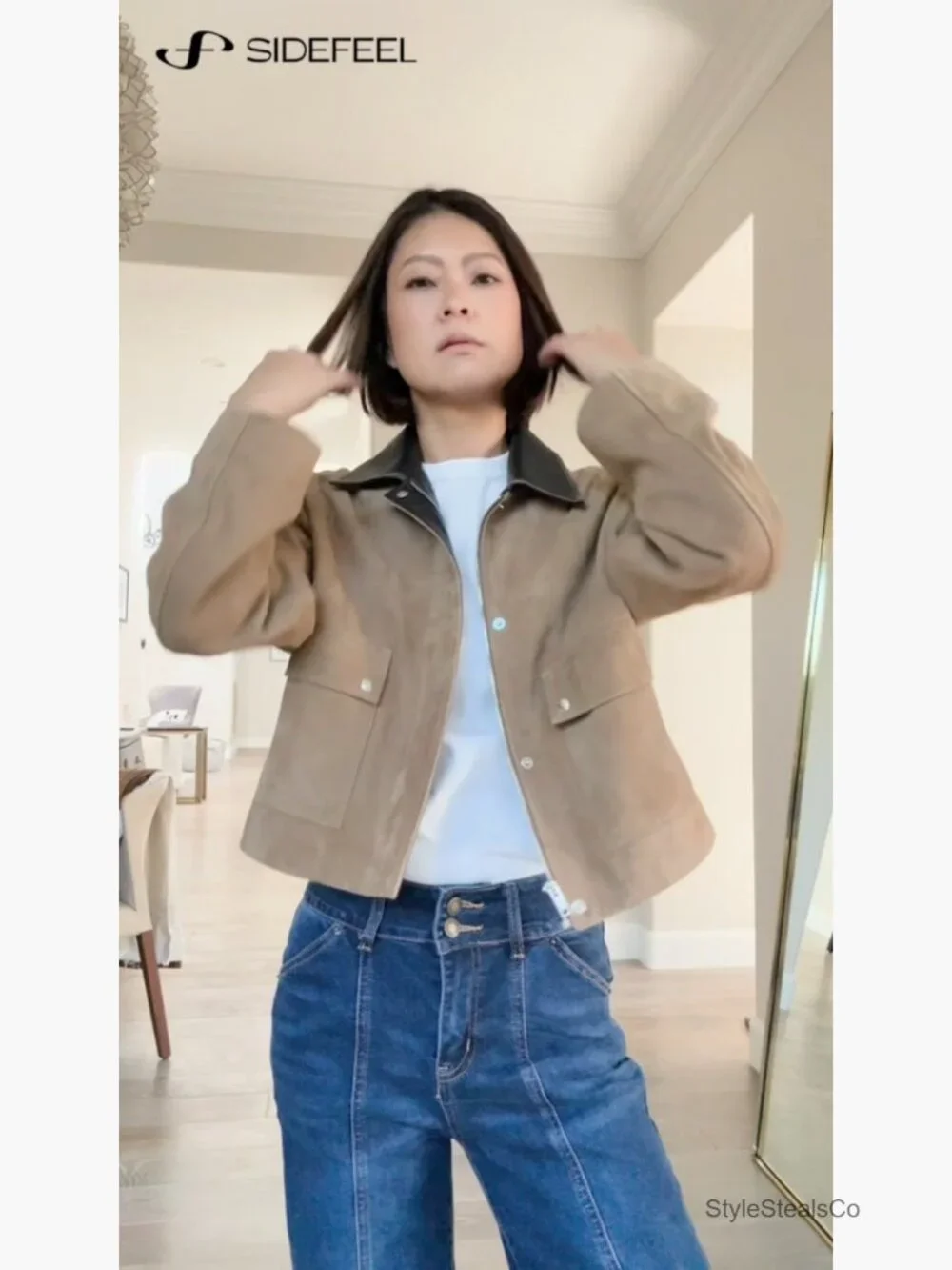 High Waisted Wide Leg Jeans Stretchy Straight Leg Denim Pants Seamed Front - Picture 7 of 7
